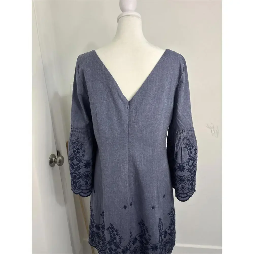 Eliza J Blue Chambray Embroidered 6 Bell Sleeve Boat Neck Mini‎ Dress NWOT